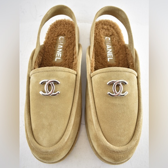 Chanel Dark Beige Suede Shearling CC Moccasin Ballet Slingback Loafer Flat 41 - Picture 3 of 16